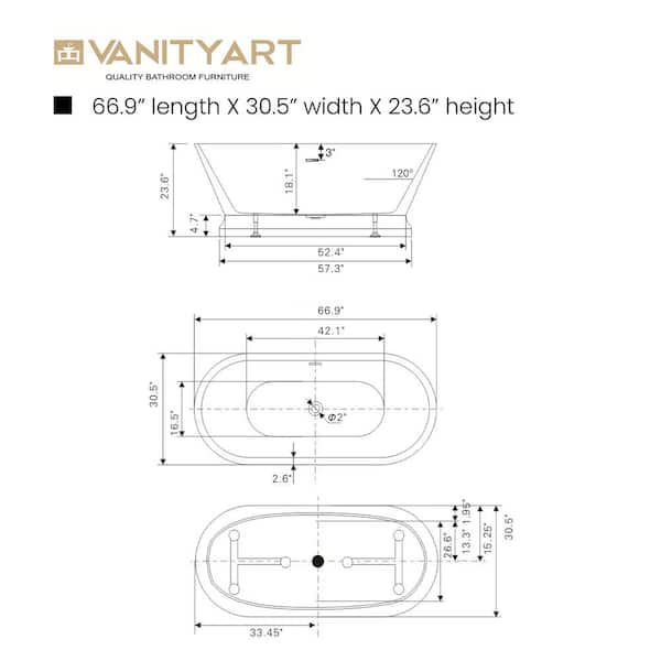 Versailles 59 in. Acrylic Flatbottom Freestanding Bathtub in White/Titanium Gold