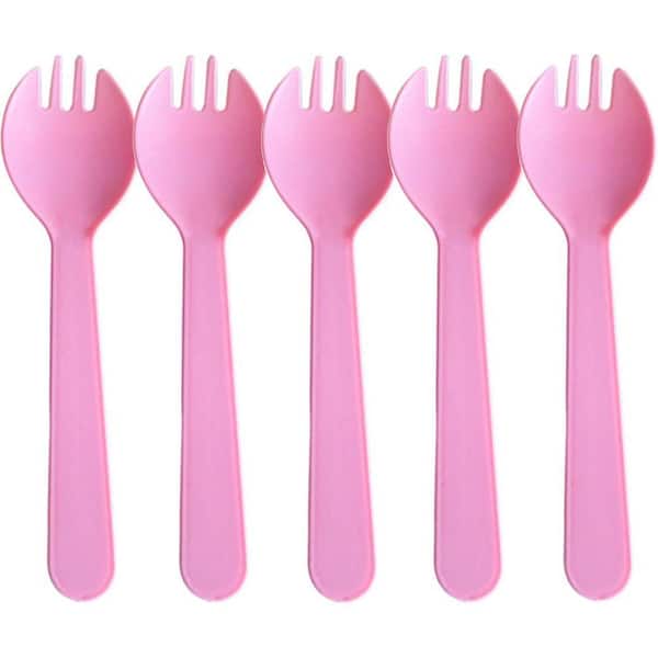 Pink Disposable Plastic Sporks Individually Wrapped Dessert Tableware Mini Spoons Forks 100 Per Case