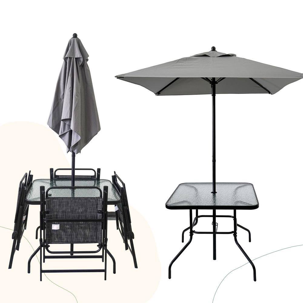 Black Metal Outdoor Patio Dining Set with Umbrella for 4