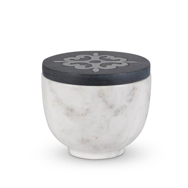 GG COLLECTION 4.5in H White marble medium canister with gray-washed metal-inlay lid