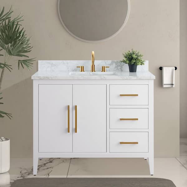 42 in. W x 22 in. D x 34 in. H Single Sink Bathroom Vanity Cabinet in White with Engineered Marble Top