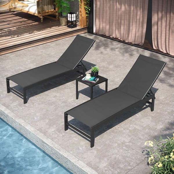 3-Piece Aluminum Adjustable Patio Outdoor Chaise Lounge in Black with Square Side Table