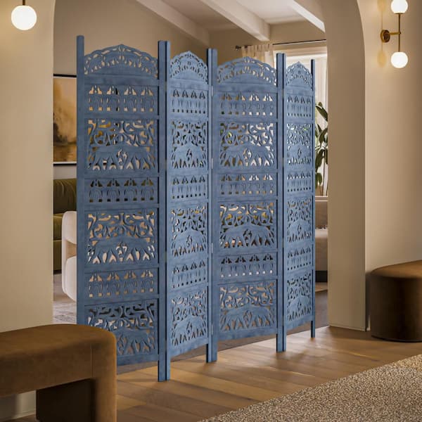 THE URBAN PORT 72.0 in. H Antique Blue Mango Wood Jumbo 4 Panel Folding Room Divider Screen with Elephant Motif Carved Design