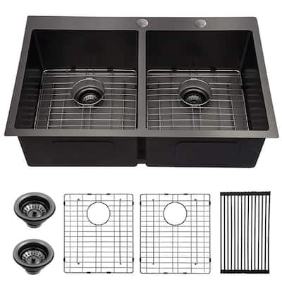 Geiger Black Functional 16-Gauge Stainless Steel 33 in. 50/50 Double Bowl Drop-In Kitchen Sink with Drain