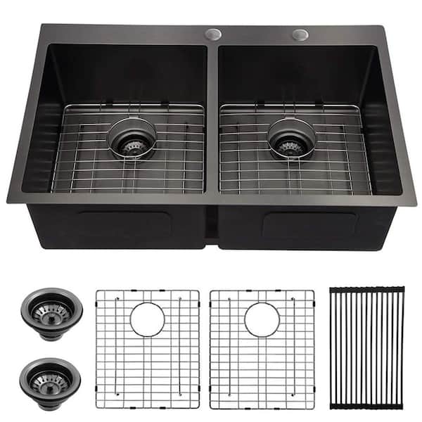 Boyel Living Gunmetal Black 16-Gauge Stainless Steel 33 in. Double Bowl 50/50 Drop-In Kitchen Sink with Bottom Grid