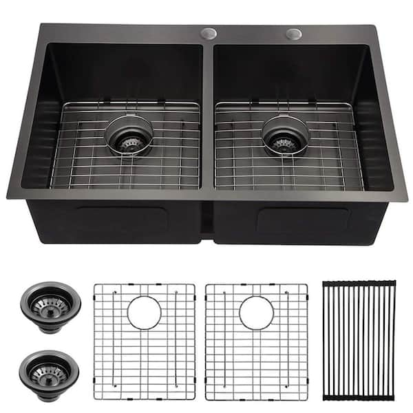 Boyel Living Gunmetal Black 16-Gauge Stainless Steel 33 in. Double Bowl 50/50 Drop-In Kitchen Sink with Bottom Grid