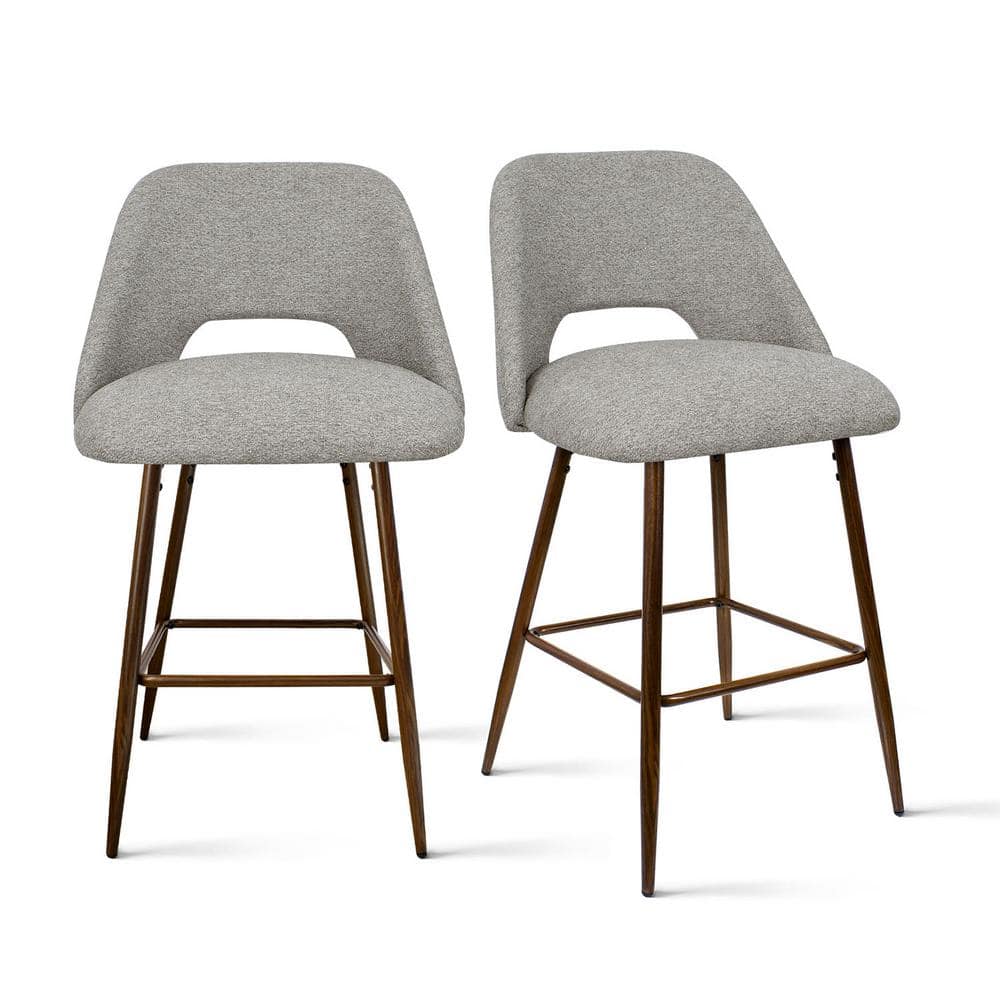 Gray Upholstered Counter Stools with Walnut Metal Legs, Set of 2