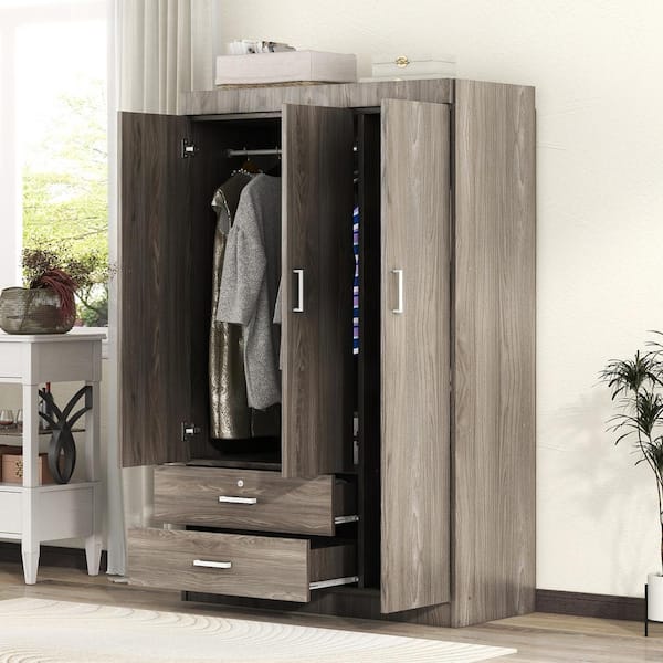 Nestfair 3-Door Gray Wood 41.3 in. W Wardrobe with 2-Drawers
