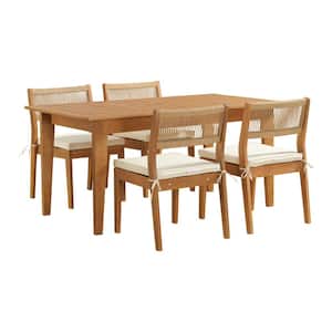 Barton 5-Piece Natural Wood Outdoor Dining Set, Weather-Resistant Table with 4 Stackable Chairs with White Cushions