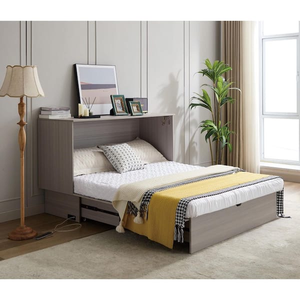 Udolf Gray Wood Frame Queen Size Murphy Bed with Charging Station, Storage Drawer