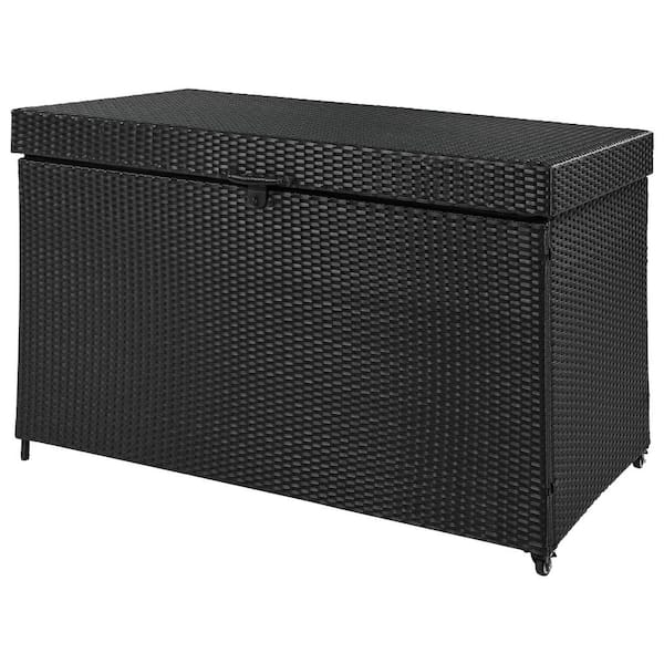Unbranded 200 Gal. Wicker Deck Box w/Wheels Black Outdoor Storage Box Waterproof Patio Rattan Container for Garden, Balcony, Yard