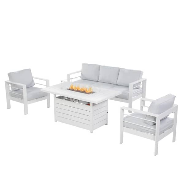 SUNVIVI 4-Piece Aluminum Patio Propane Firepit Conversation Set, Light Gray Cushion