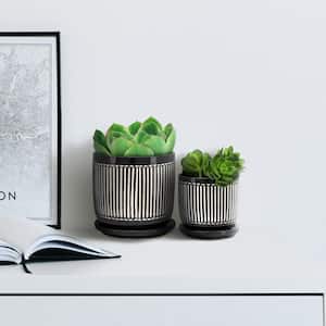 5/6 in. Black Ceramic Vertical Line Planter with Saucer (2-Pack)