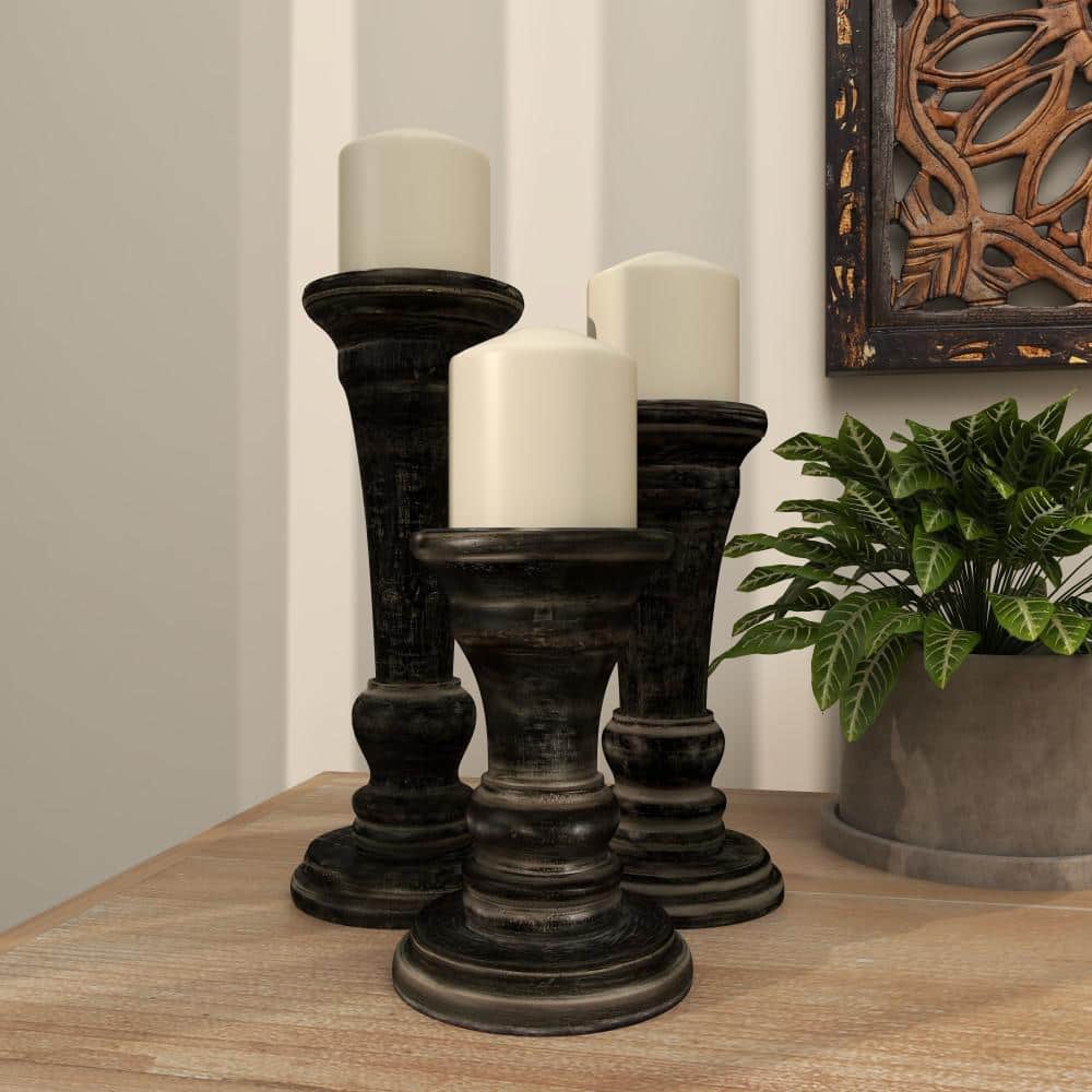 Black Mango Wood Ridge Embellished Candle Holders, Set of 3