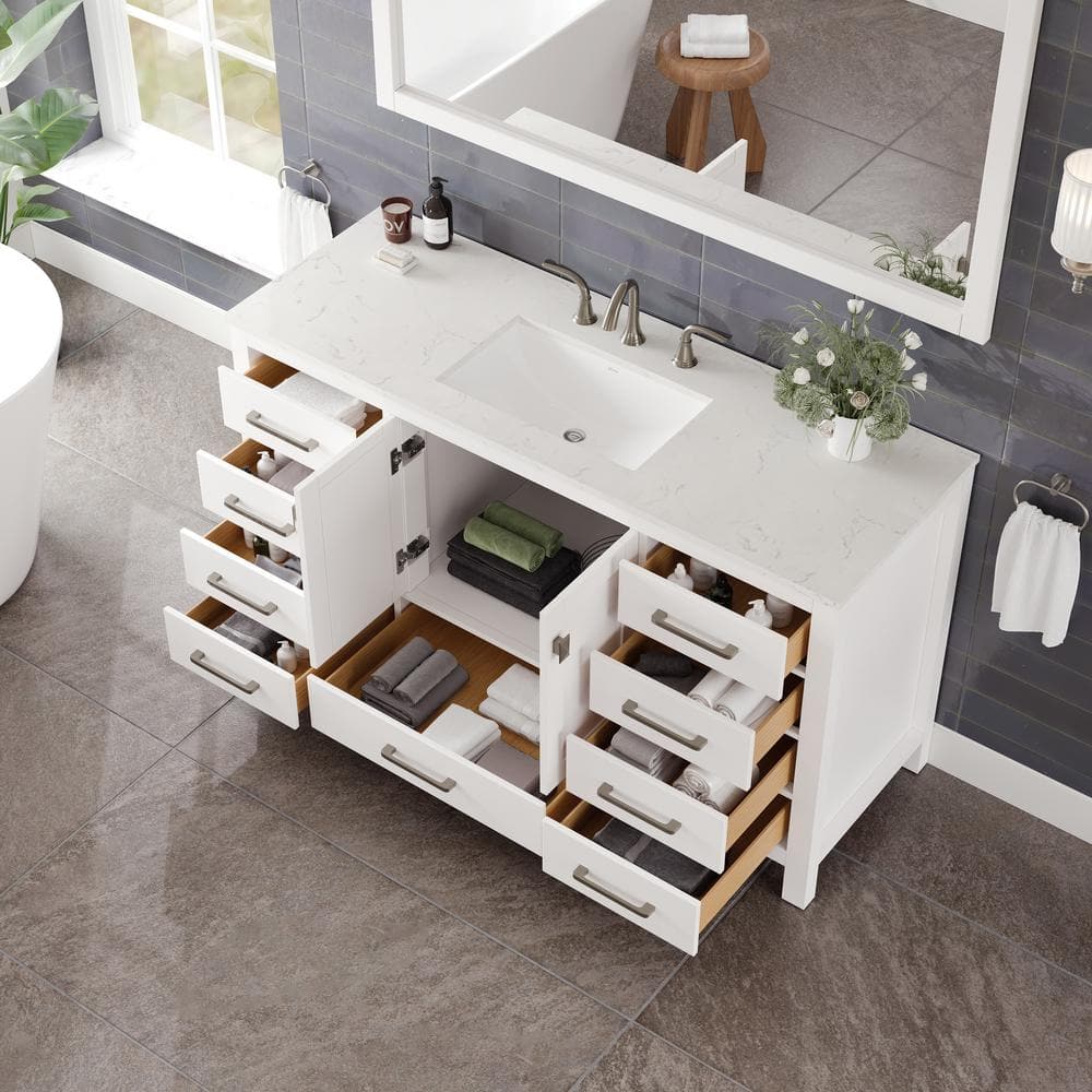 Aberdeen 60" White Birch Marble Single Sink Vanity with Porcelain Basin