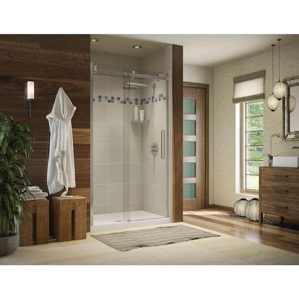 MAAX Utile Stone 32 in. x 48 in. x 83.5 in. Alcove Shower Stall in Sahara with Center Drain Base in White