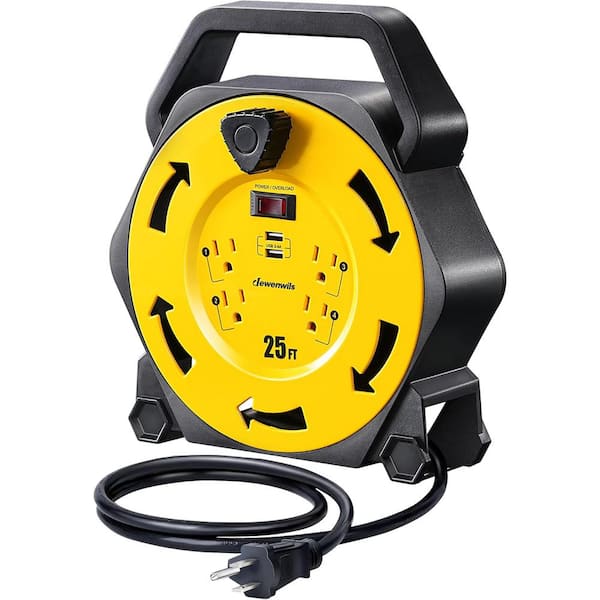 13 A Cord Reel Grounded 4-Outlet with 2 USB Port, 25 ft. Retractable Extension-Heavy Duty SJTW 16/3 Cable in Yellow