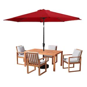 6 Piece Set, Weston Wood Outdoor Dining Table Set with 4 Cushioned Chairs, and 10-Foot Auto Tilt Umbrella Red