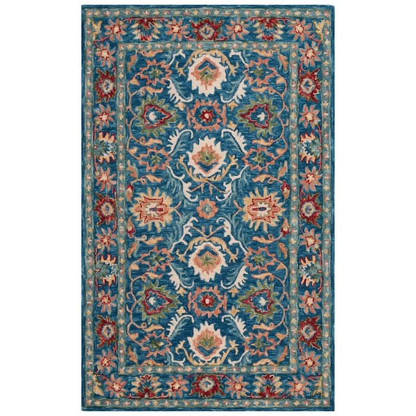 Blossom 6 ft. x 9 ft. Blue/Green Border Ornate Area Rug