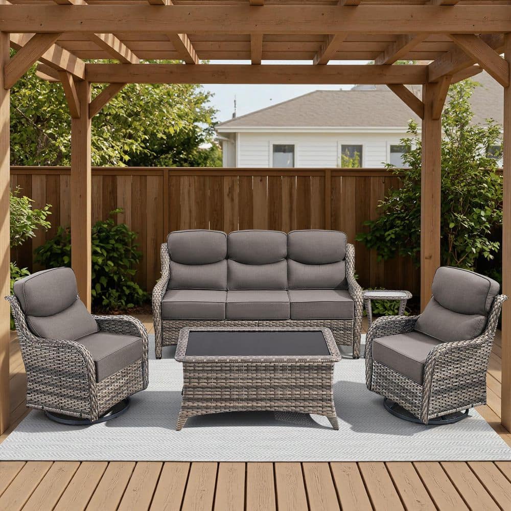 Arcadia Gray 5-Piece Wicker Patio Conversation Set with Coffee Table and 7 in. Thick Olefin Gray Cushions price history on PriceWatchPro