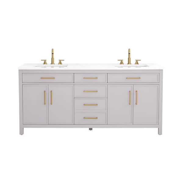 Cooper 72 in. W Bath Vanity in Taupe with Engineered Stone Top in Ariston White with White Sinks