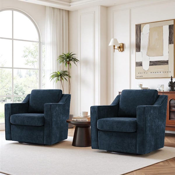Modern Navy Chenille Upholstered Swivel Accent Barrel Chair with Metal Base (Set of 2)