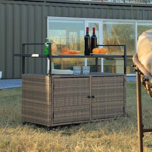 Brown Portable Wicker Outdoor Bar Cart with Wheels, Rolling Serving Cart, Rattan Bar Table with Storage Cabinet