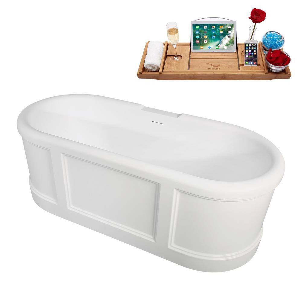 67" Matte White Acrylic Freestanding Soaking Tub with Polished Brass Trim