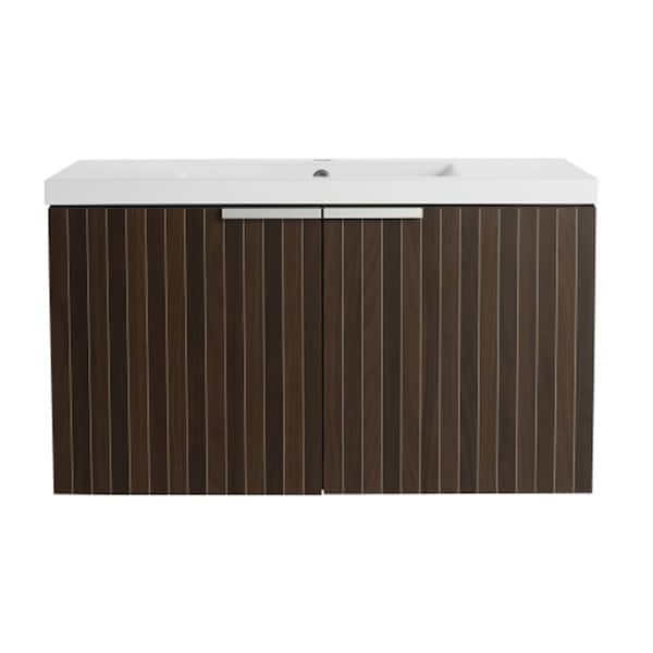 Yunns 35 in. W x 18 in. D x 20 in. H Single Sink Floating Soft Closing Bath Vanity in Silver-Brown with White Resin Top