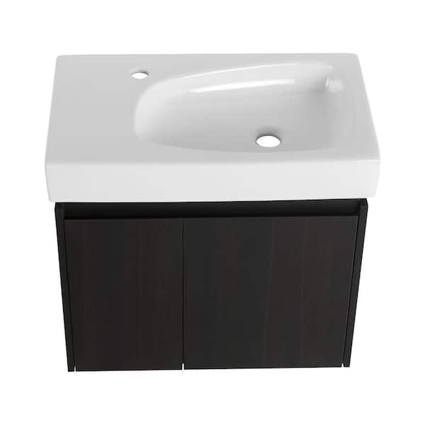 FORCLOVER Modern 24 in. W Floating Single Sink Black Bath Vanity with White Ceramic Top