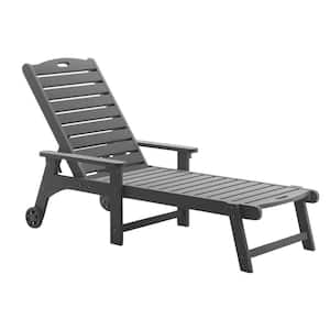 Oversized Plastic Outdoor Chaise Lounge Chair with Wheels and Adjustable Backrest for Poolside Patio Garden-Dark Gray