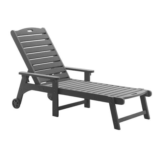LUE BONA Oversized Plastic Outdoor Chaise Lounge Chair with Wheels and Adjustable Backrest for Poolside Patio Garden-Dark Gray