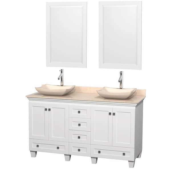 Wyndham Collection Acclaim 60 in. W Double Vanity in White with Marble Vanity Top in Ivory, Ivory Sinks and 2 Mirrors