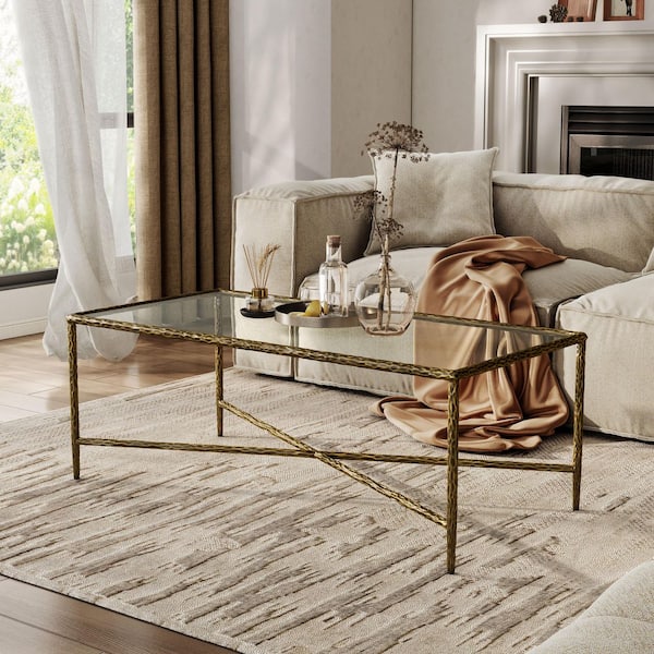 Parto 47.2 in. Forged Gold Metal Rectangle Glass Top Coffee Table