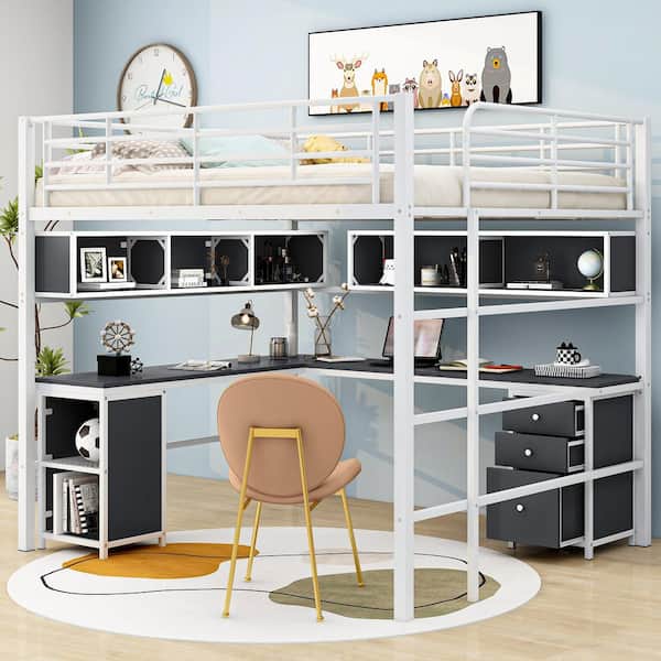 Harper & Bright Designs White and Black Metal Frame Full Size Loft Bed with L-Shaped Desk, Storage Cabinets, 3-Drawer, Bookcases
