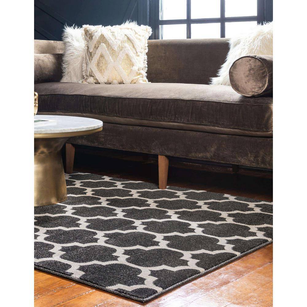 Black and Beige Trellis 9' x 12' Synthetic Area Rug