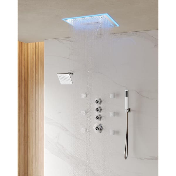 EVERSTEIN 26-Spray 16in. Waterfall Dual Shower Heads Ceiling Mount Fixed and Handheld Shower Head in Brushed Nickel