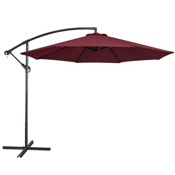 Yaheetech 10 ft. Patio Offset Umbrella Cantilever Umbrella with Crank and Cross Base Burgundy