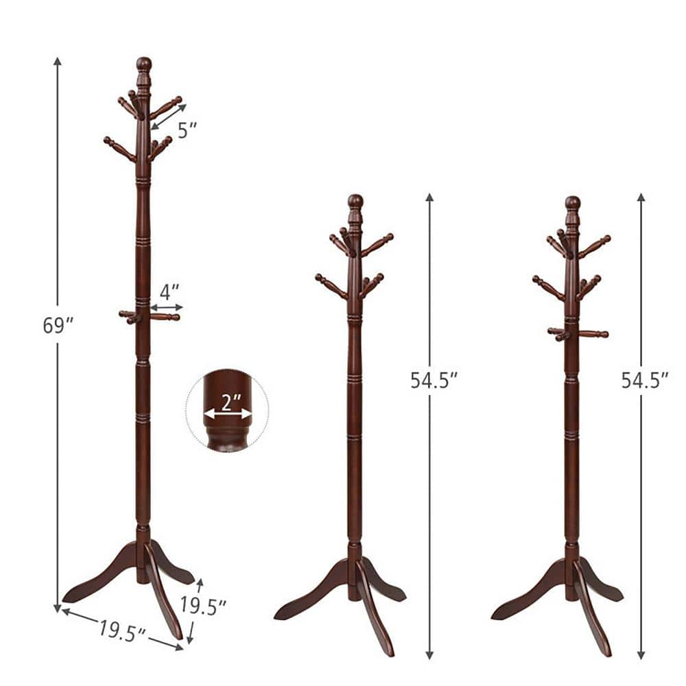 Walnut Adjustable Height Freestanding Coat Rack with 9 Hooks