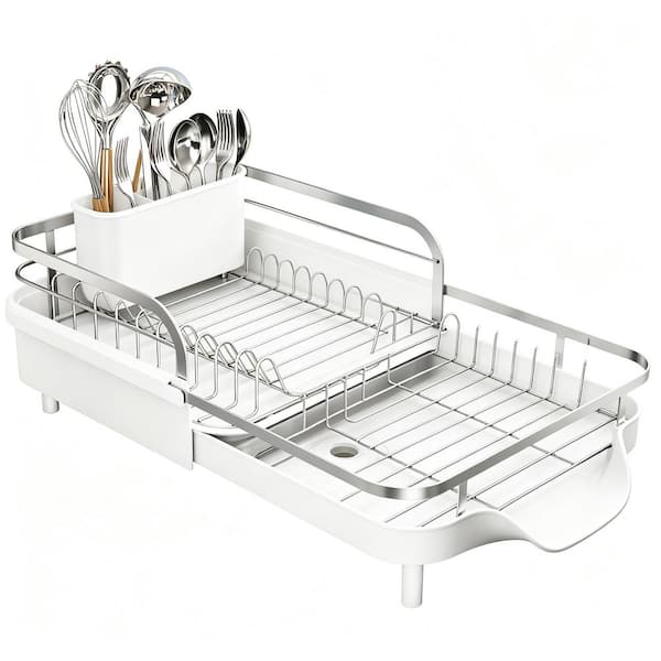 White Stainless Steel Expandable Dish Drying Rack for Kitchen Counter with Drainboard Set and Utensil Holder
