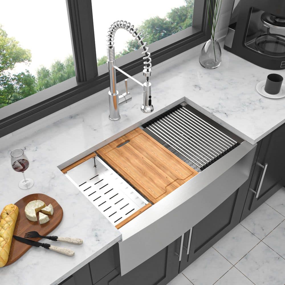 30 in. in Farmhouse Apron Front Single Bowl 16-Gauge Brushed Workstation Stainless Steel Kitchen Sink with Bottom Grids -  Qidian, LI124371002