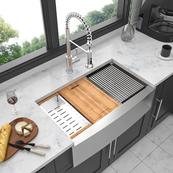 Qidian 30 in. in Farmhouse Apron Front Single Bowl 16-Gauge Brushed Workstation Stainless Steel Kitchen Sink with Bottom Grids