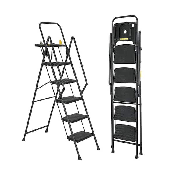 5-Step, 5.5 ft. Reach Steel Lightweight Portable Foldable Step Ladder with Tool Tray and Wide Non Slip Pedals, Handrails