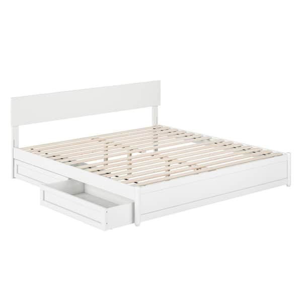 Wesley White Solid Wood Frame King Platform Bed with Panel Footboard and Storage Drawers