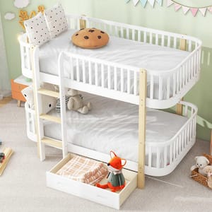 White Twin Over Twin Wood Bunk Bed with a Big Drawer, Fence Guardrail