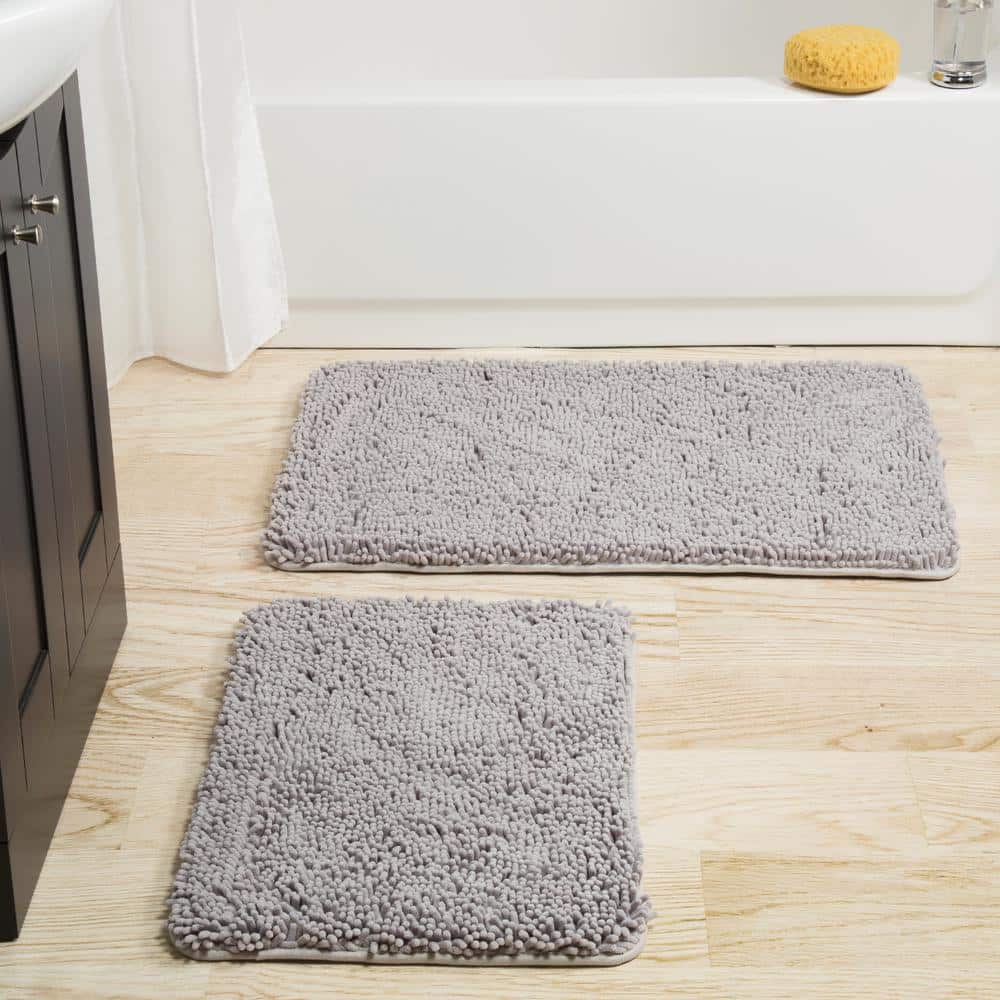 Gray 4-Piece Chenille Shag Bath Mat Set with Memory Foam Core