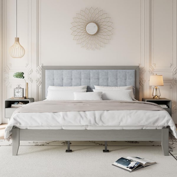 Gray Solid Wood Frame King Size Platform Bed with Upholstered Tufted Headboard