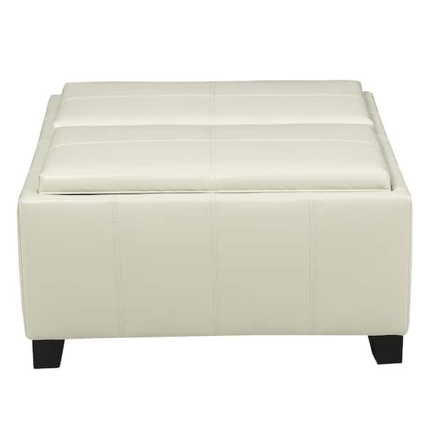 Noble House Mansfield Ivory PU Leather Tray Top Storage Ottoman