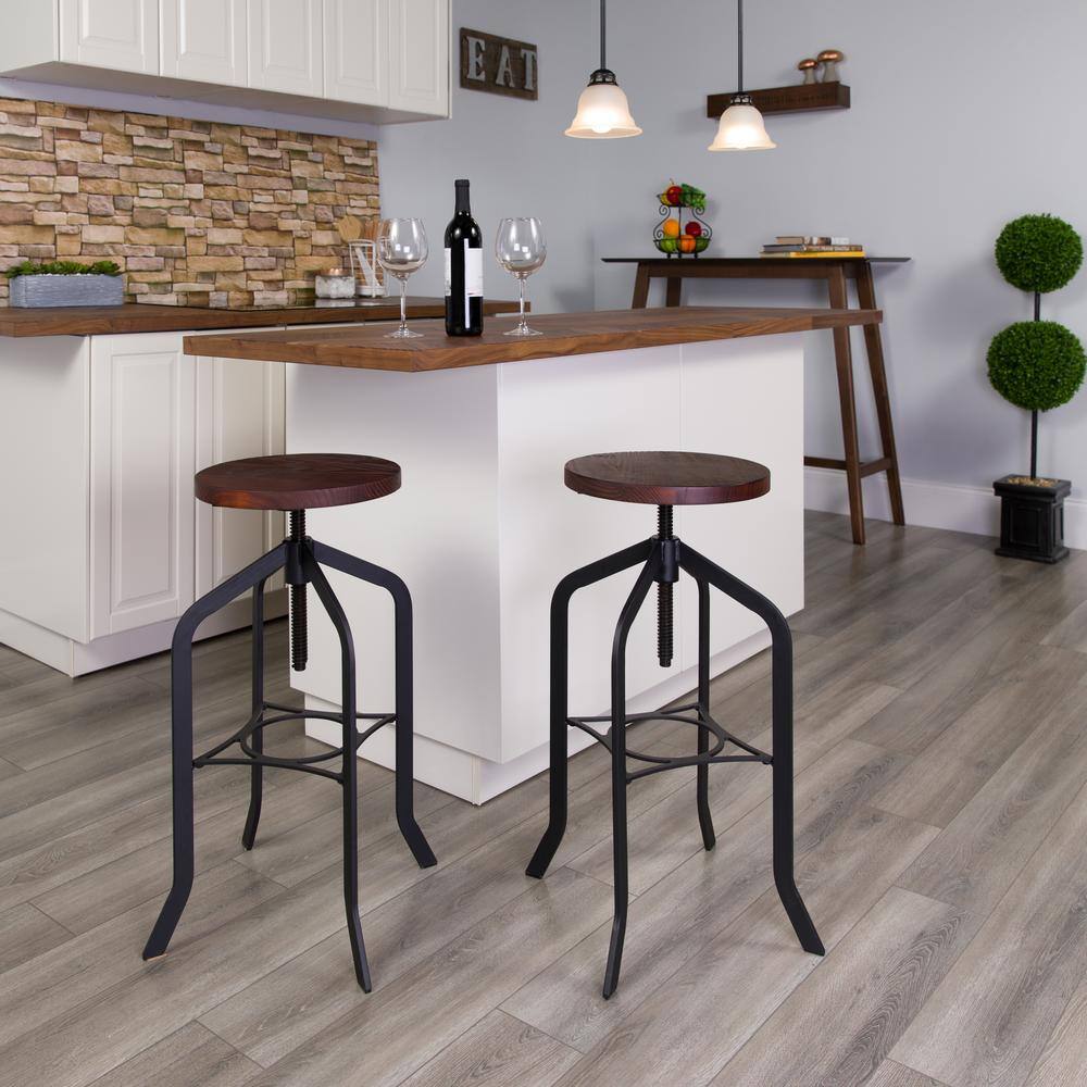 Rustic Industrial Adjustable Swivel Black Metal and Wood Barstool