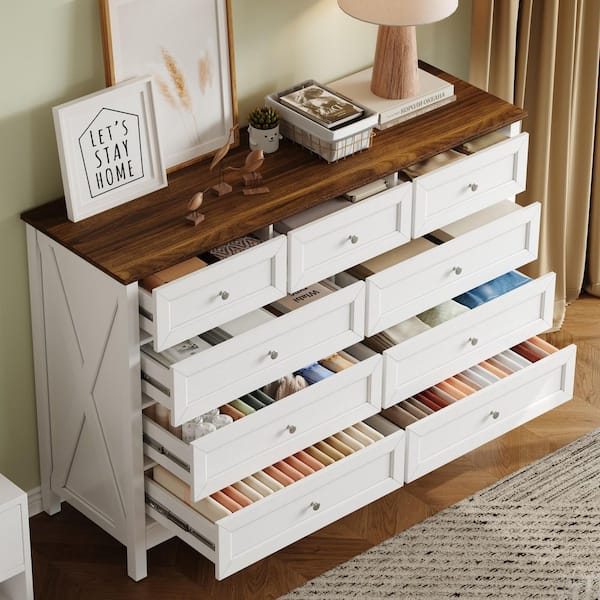 White 9-Drawers 55.04 in. Wide Dresser with Silver Handles